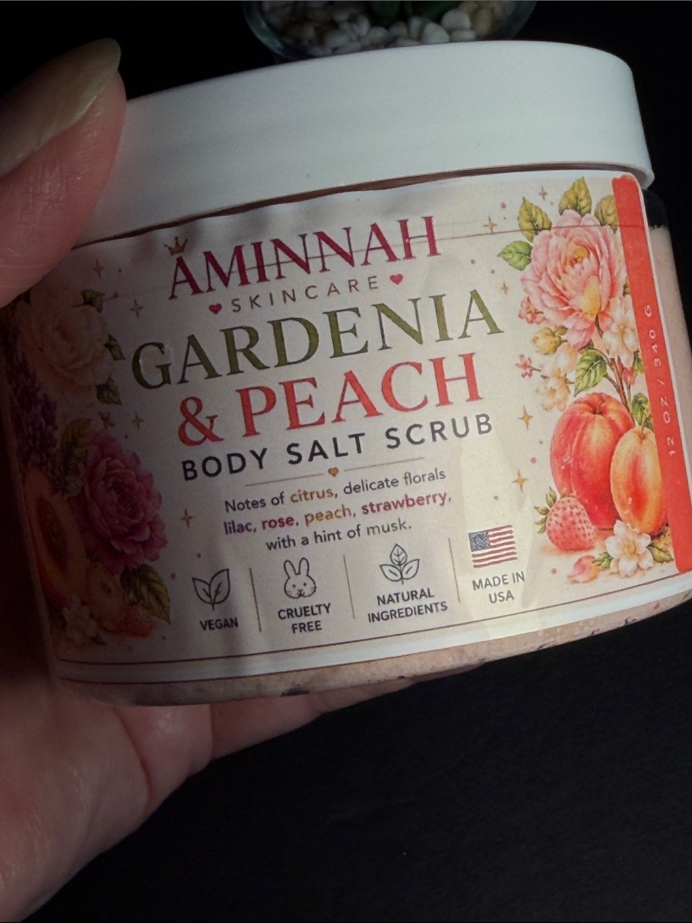 💕2/$25💕Aminnah Gardenia and Peach Body Salt Scrub 12 oz - Picture 2 of 2